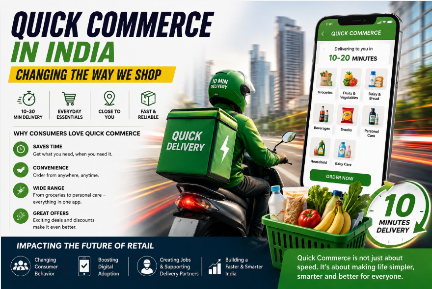 Quick commerce in India showing fast delivery, groceries, convenience, digital shopping, and changing retail behaviour.